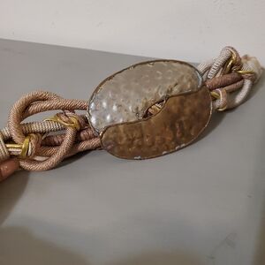 Vintage Statement Boho Rope Belt Large Ornate Buckle Gold Tan